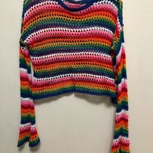 Rainbow Macrame Knit Crop Top Bell Sleeves